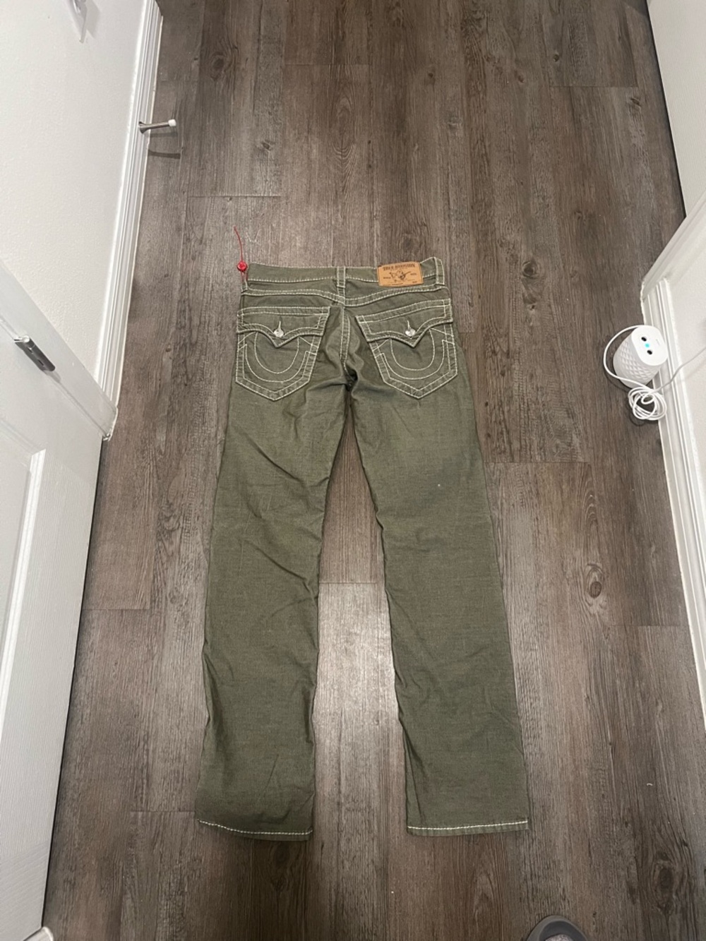 True Religion Olive Green Jeans with White Contrast Stitching